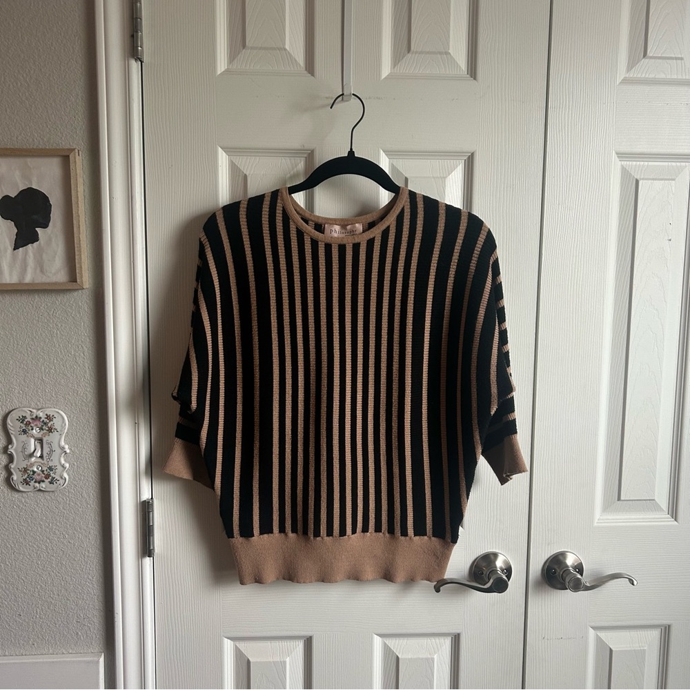 Philosophy black & tan striped dolman sleeve sweater top minimalist neutral